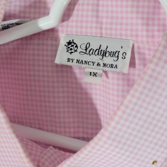 Pink Gingham Check Flannel Top Womens Plus Size 1X Rhinestone Floral Embellished - Picture 4 of 16